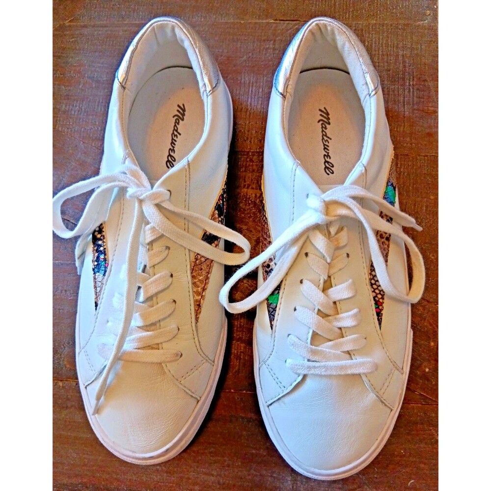 Madewell MWL Womens 9.5 Sidewalk Low Top Sneakers White Leather Snake Print L324